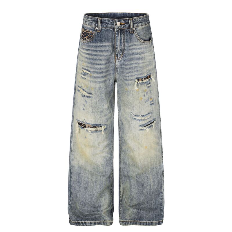 G60073 High Street American Style Unisex Trendy Leopard Print Patchwork Distressed Design Men's Loose Street Jeans