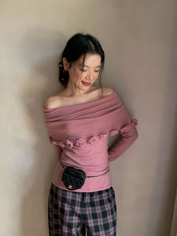诠释美 NEWOPEN 25秋法式温柔甜美一字领立体花朵装饰毛衣女F6587|undefined