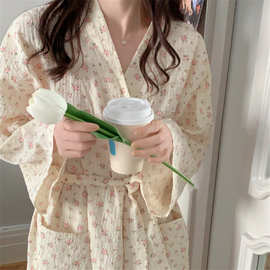 实拍2026春新款格子碎花睡袍女可爱浴袍长款和服ins睡衣家居服