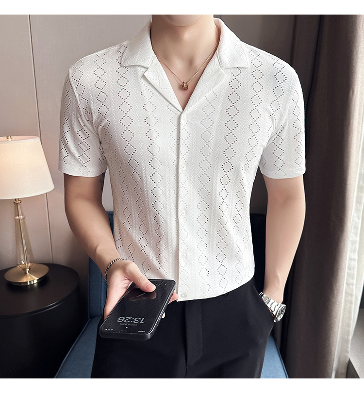 Description Picture 6 of item2023 Summert Cuban Collar Shirt for Men Short Sleeve Lace Cut Out Shirt Fashion Slim Social Party Tuxedo Blouse Men Clothing