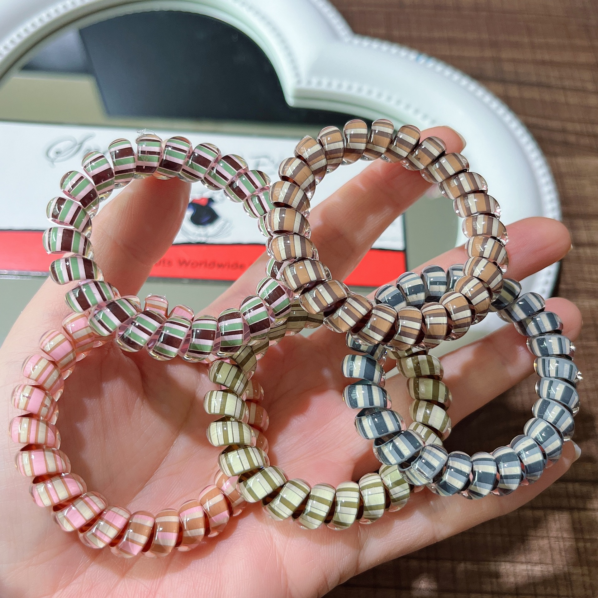 温柔棕色系~条纹印花果冻电话线发圈大号无痕高弹力头饰跨境头绳