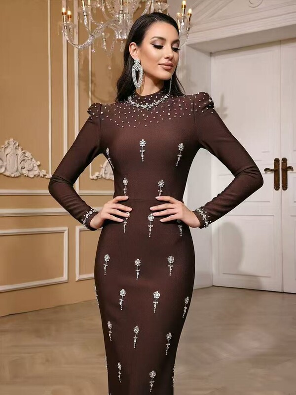 Long Handmade Rhinestone-Embellished Fashion Ins Influencer Foreign Trade Bandage Dress Evening Gown Long Handmade Rhinestone-Embellished Fashion Ins Influencer Foreign Trade Bandage Dress Evening Gown