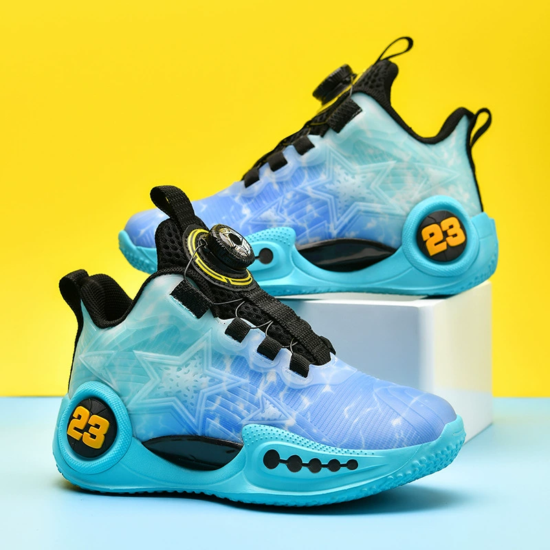 Трансграничная модная обувь для детей с вращающейся пряжкой светящаяся спортивная обувь дышащая и удобная баскетбольная обувь 31-42