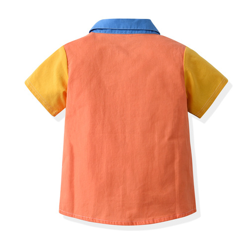 跨境童装男童翻领上衣蓝橘拼接纯棉短袖衬衫绅士儿童短袖儿童衬衫