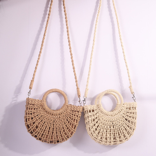 New Women's Handbag Shoulder Bag Woven Half Round Openwork Beach Bag Fashion Combinations Grass Weaving Bag