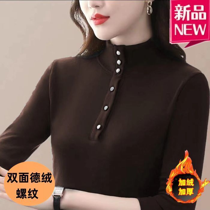 2025新款双面德绒打底衫女秋冬季加厚保暖洋气半高领t恤长袖上衣