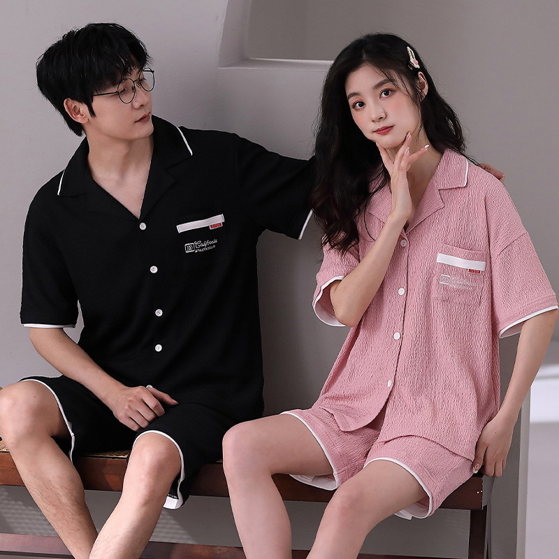 Couple Pajamas Women's Summer Cotton Short Sleeve Shorts Cardigan Lapel Korean Style Cartoon Men's Summer Home Clothes suit
