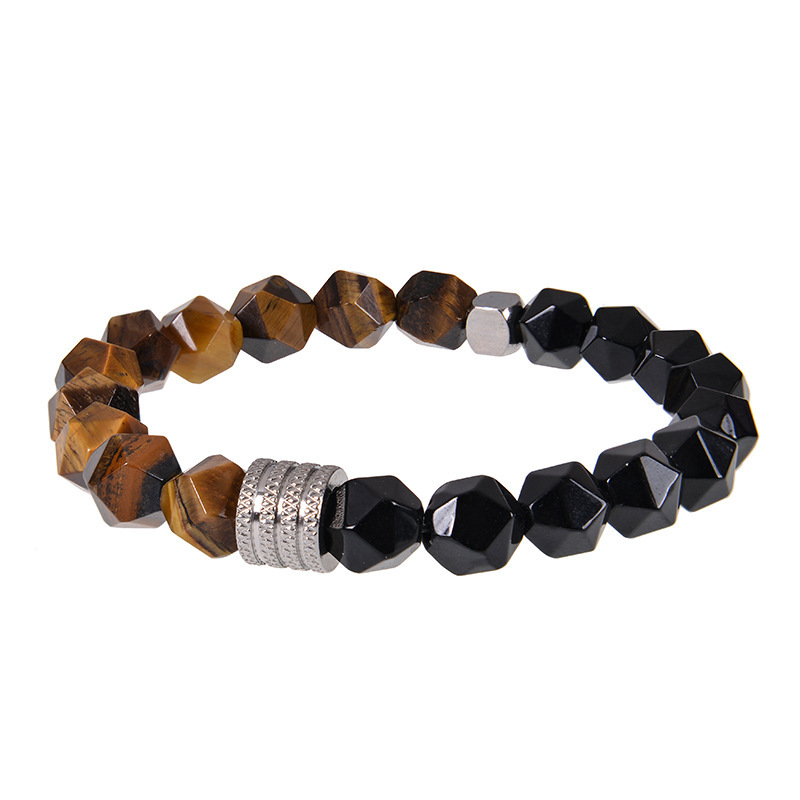 2026 Cross-Border Hot-Selling Men's Stainless Steel Bracelet 10mm Faceted Tiger Eye Stone Obsidian Bracelet Elastic Rope Bracelet