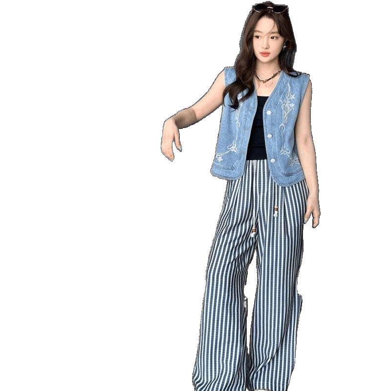 2025 春夏新作刺繍デニムベスト女性通勤シンプルなデザインニッチ多用途ルーズベストトップ|undefined