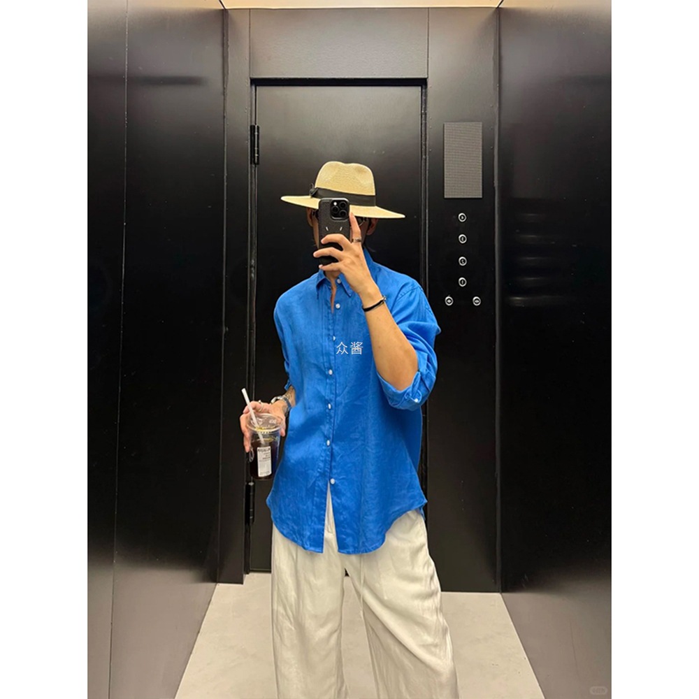 Old Money Style Klein Blue Linen Shirt Men's Summer Lazy Casual Shirt with Cardigan Sun Protection Jacket