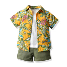 夏季儿童套装男童棉短袖T恤印花短袖衬衫短裤夏威夷沙滩度假童装