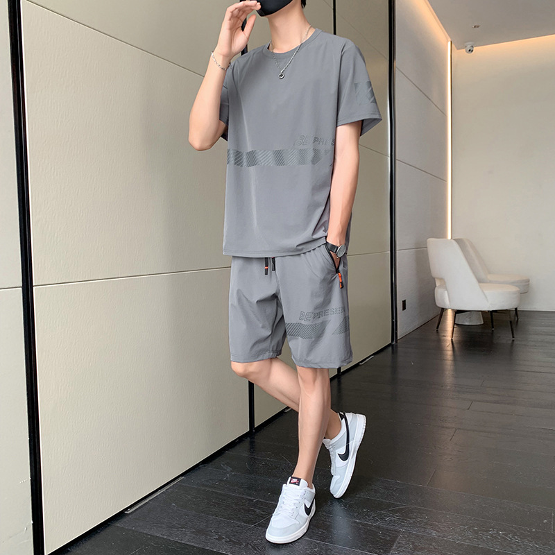 Hielo rápido secado camiseta de hombre cuello redondo verano delgado suelto mangas cortas deportivo casual de dos piezas pantalones cortos