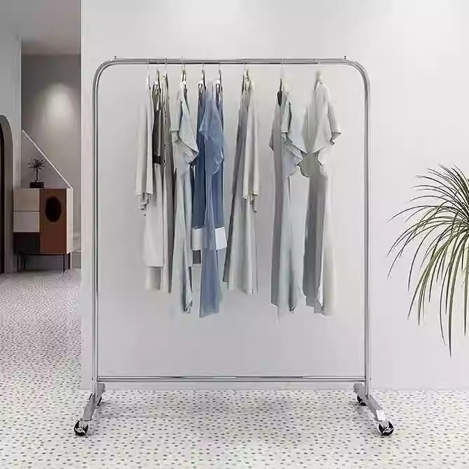 Tienda de ropa estante de exhibición de ropa de mujer estante de acero inoxidable tipo suelo colgante barra de exhibición accesorios colgante vertical marco de isla