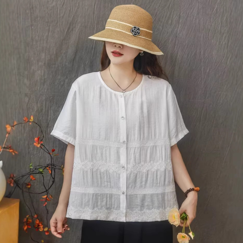 Plus-Size Stylish Shirt for Women 2026 New Summer Loose Versatile Lace Patchwork Short-Sleeve Blouse Top T-Shirt