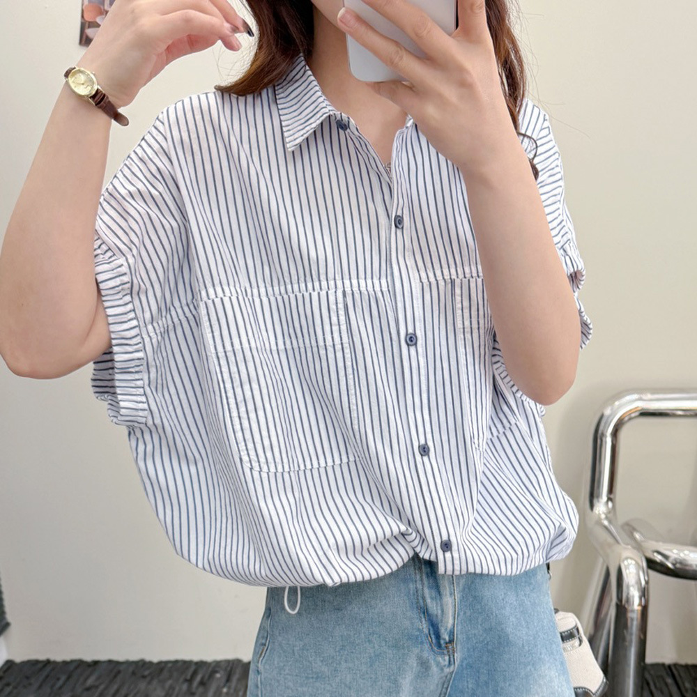 日韩宽松休闲翻领条纹短袖抽带衬衫宽松大码条纹衬衣开衫