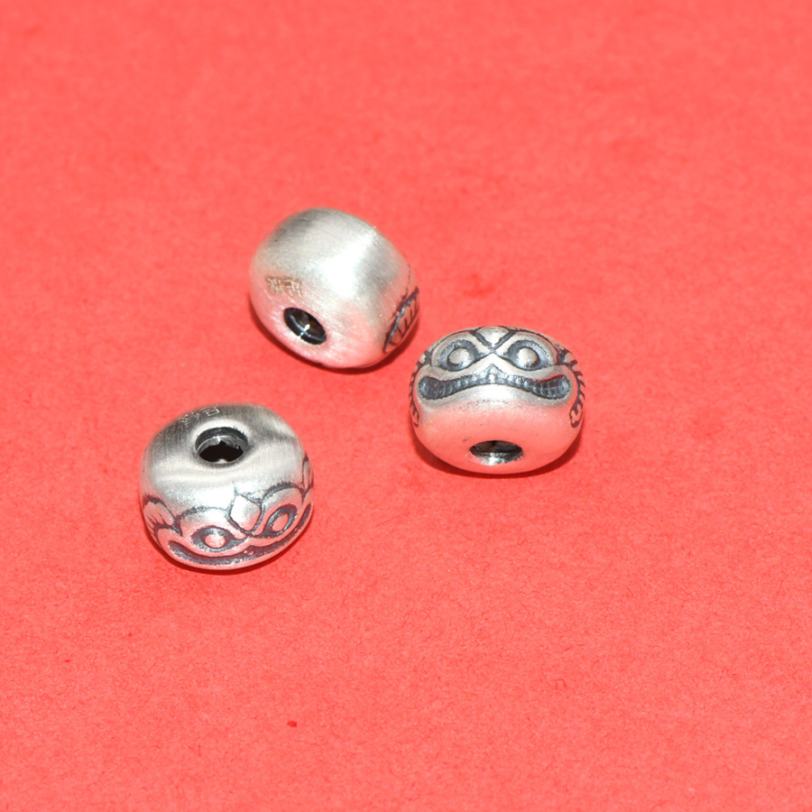S99 Pure Silver Concave-Convex Spacer Beads with Six-Word Mantra, Loose Beads for DIY Handmade Beading, Stringing, and Barrel Bead Accessories