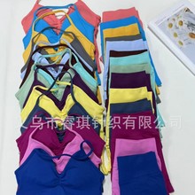 跨境无缝瑜伽挂脖背心 高弹提臀瑜伽健身短裤 长文胸短裤套装批发