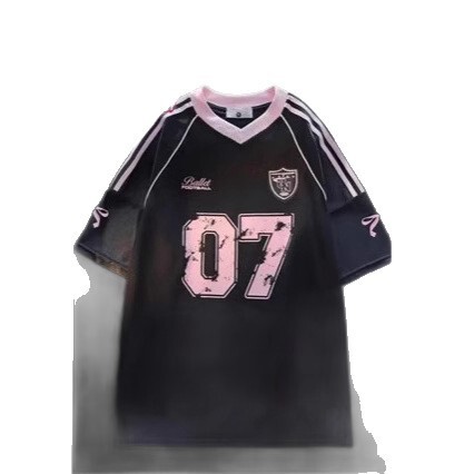 American street casual sports baseball V-neck contrasting color short-sleeved T-shirt for women summer loose printed short-sleeved top