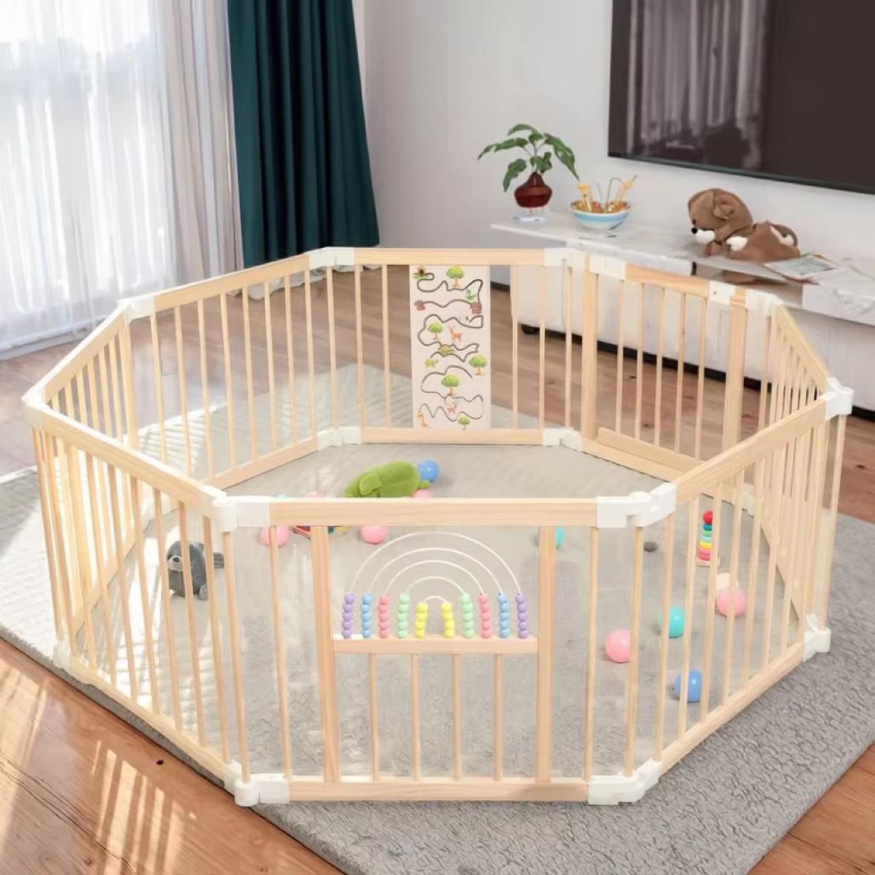 Baby Playpen Indoor Floor-Based Wooden Protective Fence for Toddlers and Crawlers, Solid Wood Foldable Children's Fence