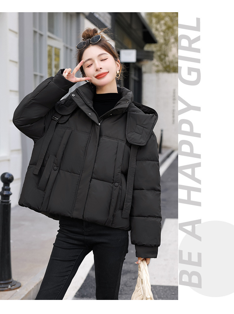 Corea del Sur Dongdamen ropa de algodón de pluma para mujeres corto 2025 invierno nuevo algodón delgado chaqueta con capuz transfronteriza