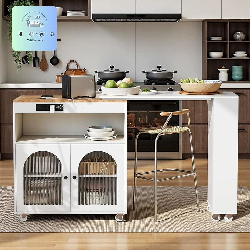 Кухонный остров-тележка с выдвижной столешницей, большим шкафом для хранения и мобильным боковым шкафом для завтрака