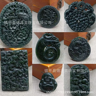 天然墨绿玉凤凰吊坠墨玉九龙挂件弥勒佛玉坠坐关音玉牌子直播货源