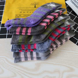 冬季全毛巾底加厚袜子刺绣小熊女袜毛圈中筒袜条纹袜