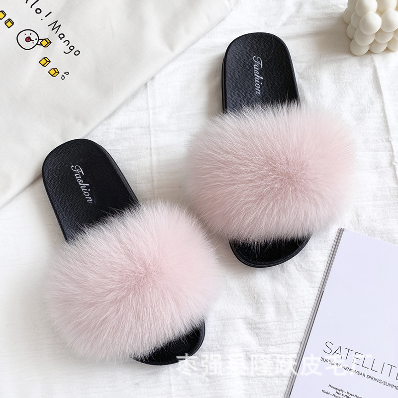 Amazon transfronterizo zapatillas de pelo de zorro real zapatillas de pelo de fondo plano zapatillas de pelo de mujer zapatillas de pelo de verano nuevas exportaciones