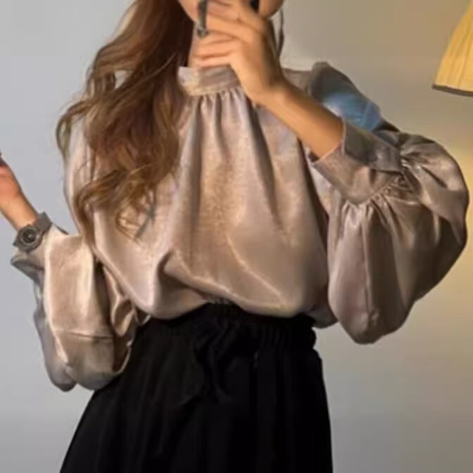 Korean Early Autumn French-Style Fashion Stand-Up Collar Versatile Lantern Sleeve Satin Shirt Top for Women