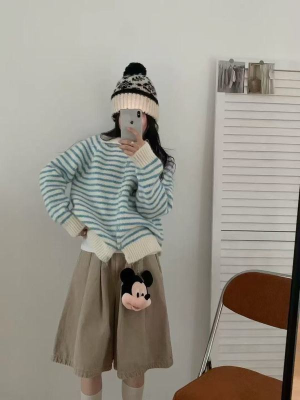 经典条纹韩系秋冬新款休闲设计款慵懒风polo领针织开衫毛衣外套|undefined