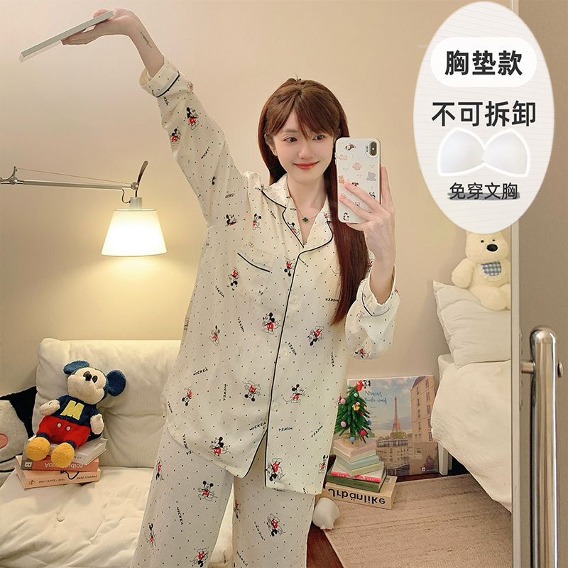 Al por mayor transfronterizo de otoño pantalones de manga larga pijamas casuales de mujer con cojín de pecho cardigan cómodo algodón nubes ropa para el hogar encantadora