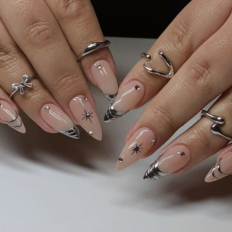 Finished Wearing Armor Almond-shaped Nude French Pointe Stellar Diamond Removable Fake Nail Patch nalis