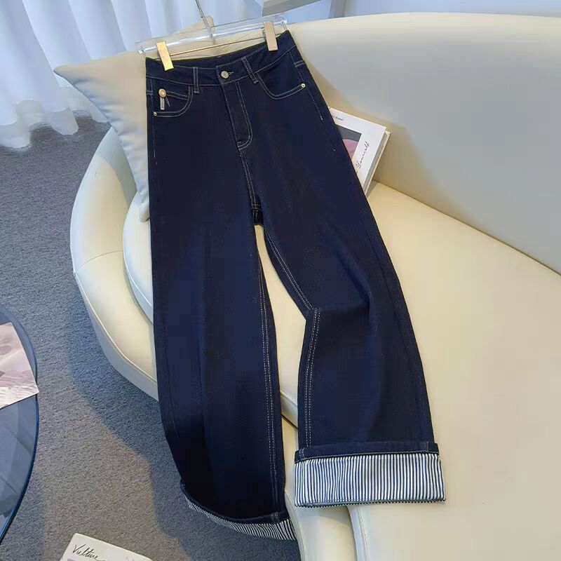 Women's Jeans 2025 Autumn and Winter New Fashion Rolled Hem High-Waisted Slim-Fit Thick Fleece-Lined Straight Wide-Leg Pants