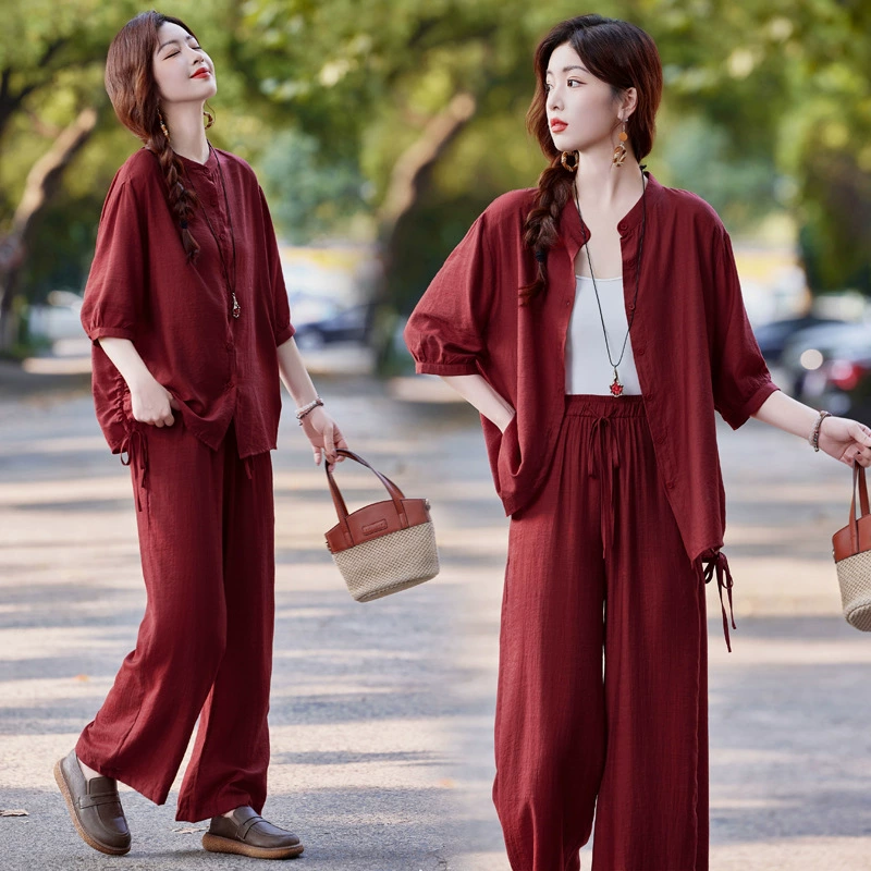 Летний костюм из хлопка и льна Shuiyiyuan 2639 для женщин: свободная рубашка, широкие брюки на подтяжках, комплект из трех предметов.