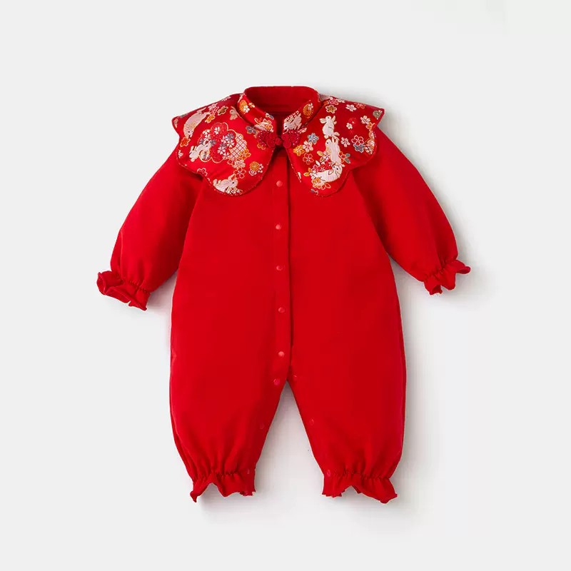 婴儿衣服春装女宝宝红色连体衣满月百天抓周礼服中国风外出服春秋