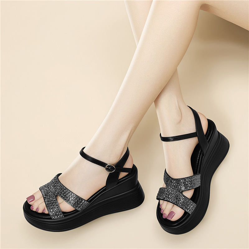 Sandal nữ đế dày đính đá quai ngang chống trượt — 6155 Da đen, 6155 Trắng chi tiết 8