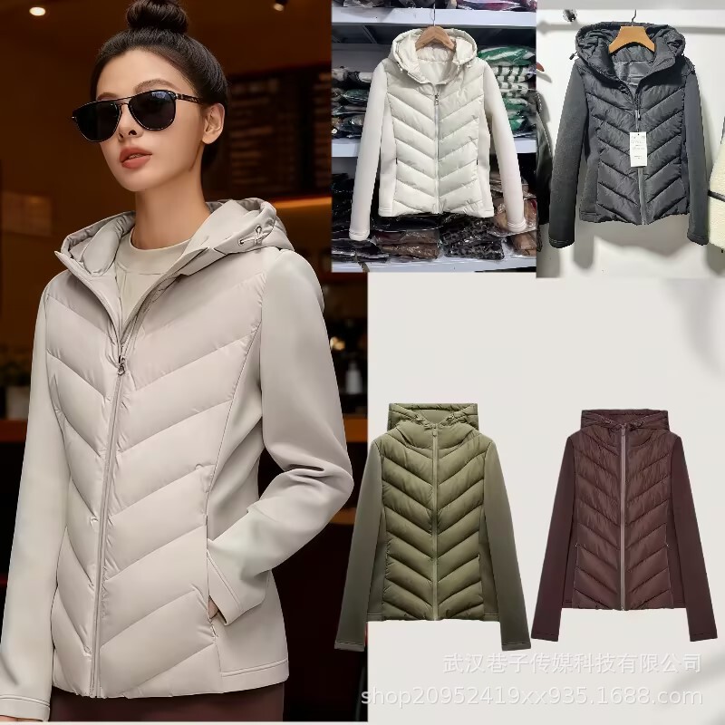 Zr Cross-Border Specializes in Export Wholesale Spot European and American Style New Fashion Hooded Long-Sleeved Spliced Cotton Jacket for Women