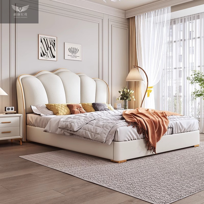 Cama de cuero de estilo francés de lujo escandinavo, cama principal moderna, cama doble simple, cama de pétalos de pequeña casa