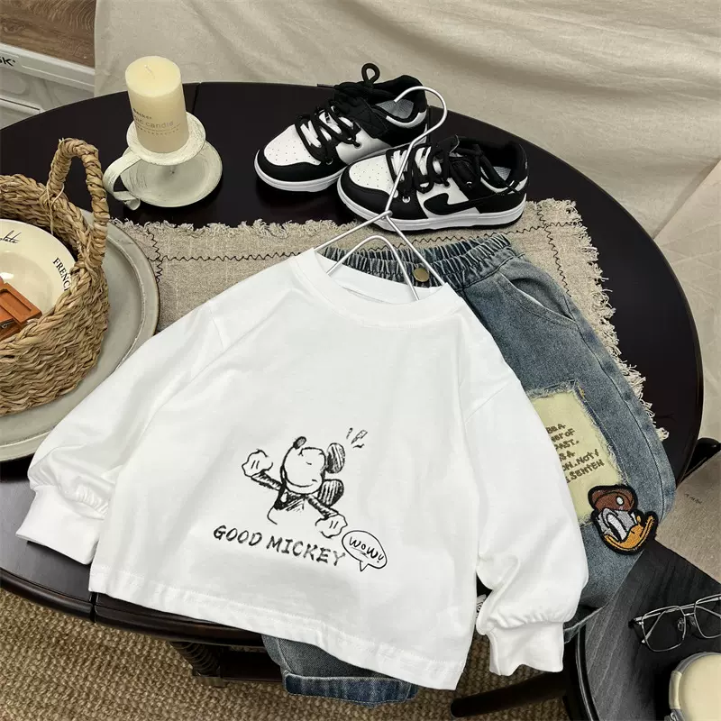 春款男童长袖T恤白色内搭打底衫儿童百搭圆领上衣宝宝卡通纯棉t恤