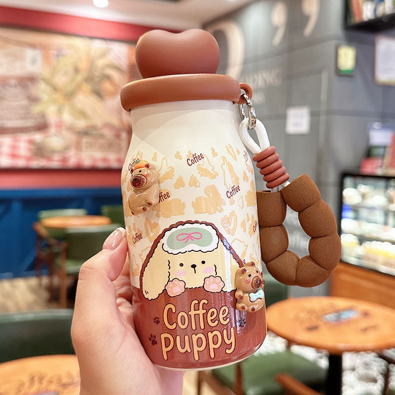 캐릭터 빨대 보온병 400ml 차거름망 휴대용 스트랩 물병