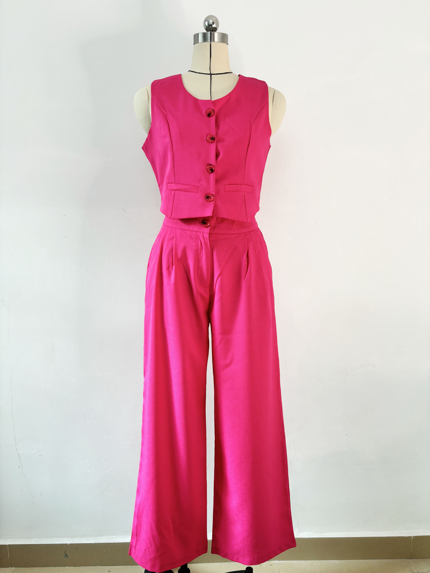 420g Weight Sleeveless Sleeve Length Spandex, Polyester Fabric Type Pant Co-ord Set Sets Type 2 Pieces Set Quantity Daily Occasion U Neck Neckline Regular Fit Fit Type Solid Color Pattern Summer Season Women's Gender Button Design Streetwear Style Daily Women's Streetwear Solid Color Spandex Polyester Button Pant Co-ord Set Pants Sets 3