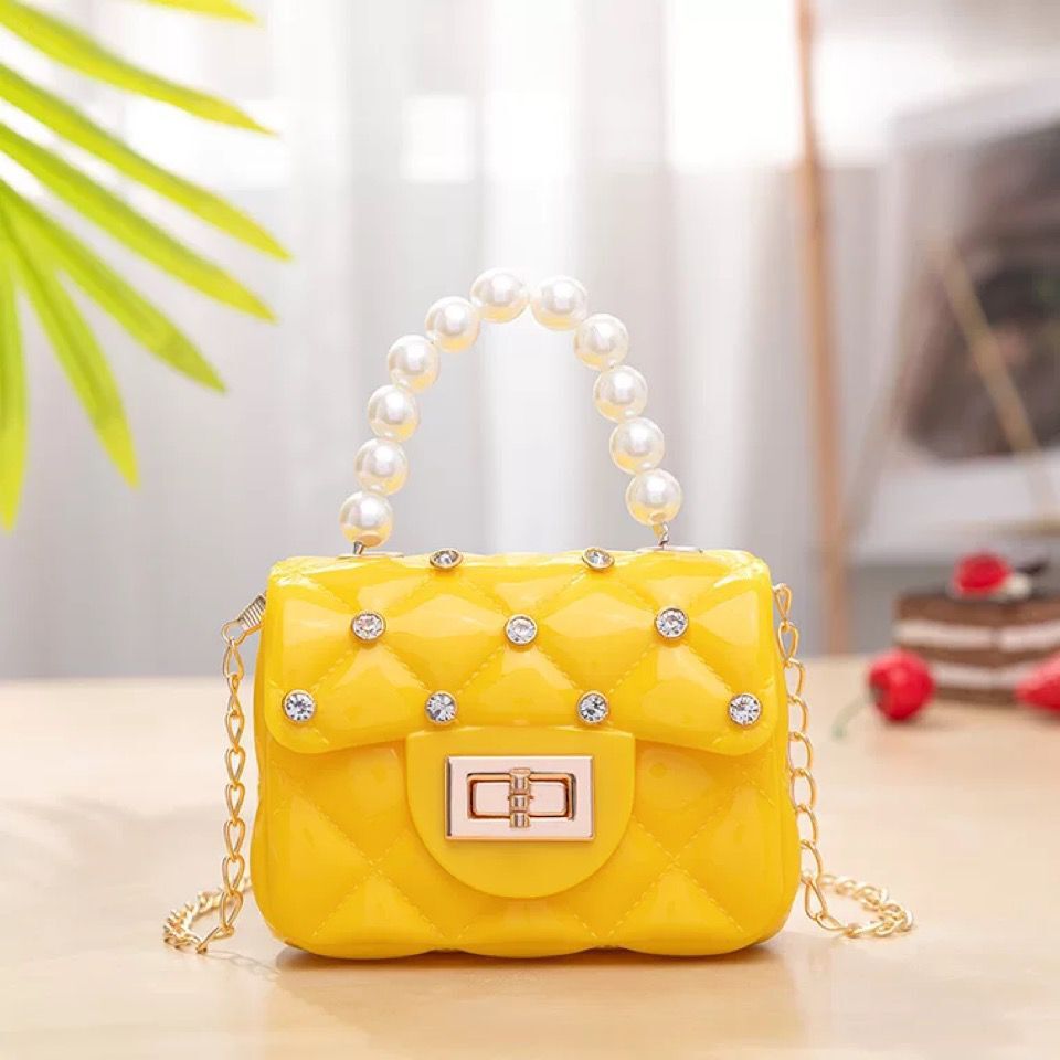 Mini bolso de cadena estilo perlas y rombos, diseño pequeño y de gelatina – bandolera de moda 2021, venta exterior.