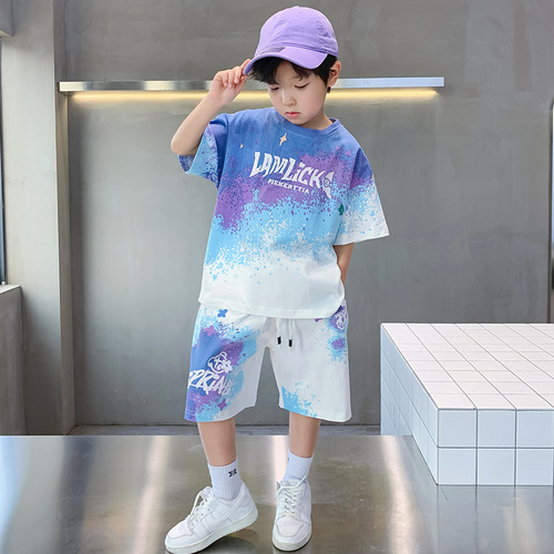 Children's sporty short sleeve set summer 2024 new middle and large size boys trendy cool basketball uniform in pure cotton