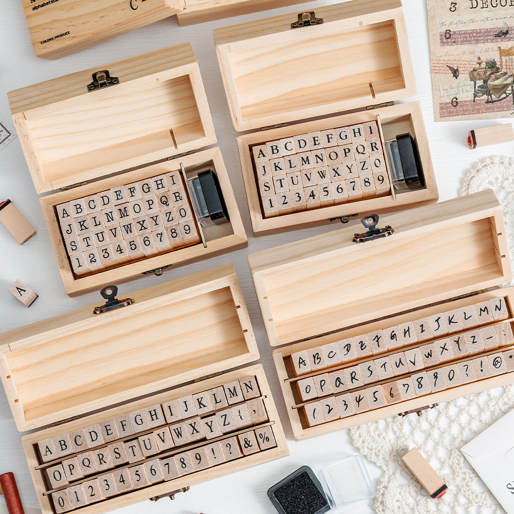 Diario básico traje máquina de escribir fuente sello Dinastía Ming letras y números formales Inglés retro sello de madera