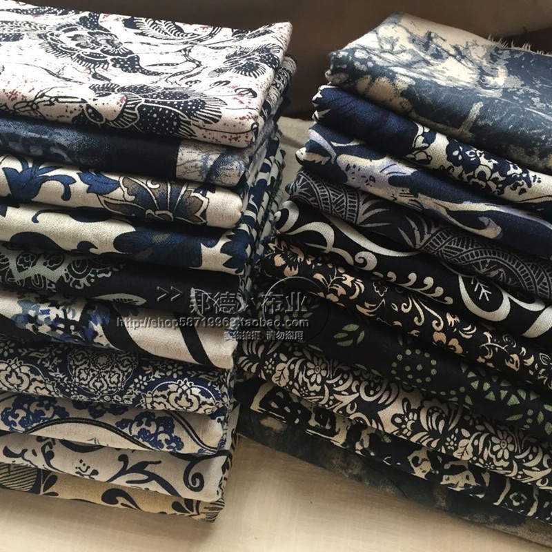 中棉麻蓝色印花布料青花瓷白底仿蜡染桌布服装装饰布料|undefined