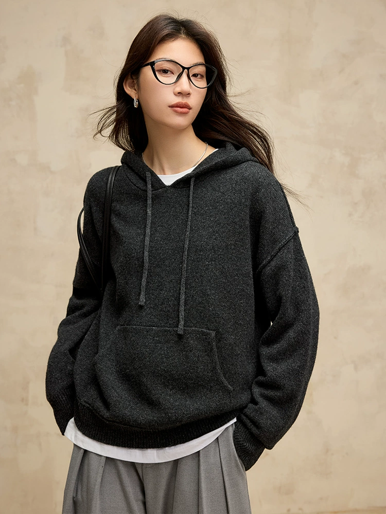 Демисезонная шерстяная худи, вязаный свитер, drawstring, oversize