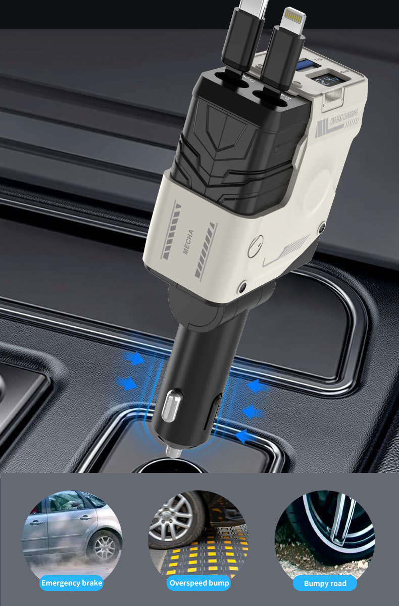 Mecha Car Charger 120W Super Fast Charging Car Mobile Phone Charger with Built-In Retractable Cable and Digital Display Car Charger