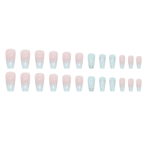 Mid-length gradient green fresh manicure white irregular lines fake nails small fresh silver lines ins style beauty