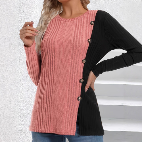 Amazon 2025 cross-border European and American women's autumn and winter new casual pit strip buttons long-sleeved top women's clothing