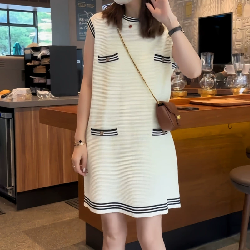 夏季时尚气质风千金风中长款连衣裙宽松显瘦无袖高腰静奢风连衣裙